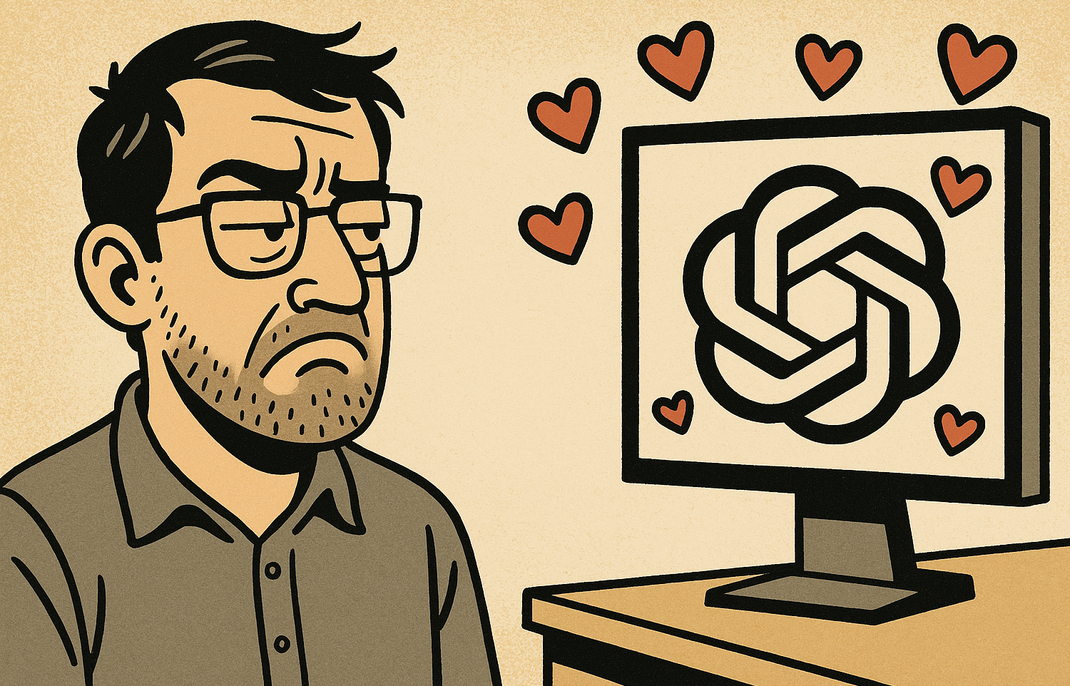 A comic-style drawing of a man looking exasperated at a computer screen showing the ChatGPT logo surrounded by hearts