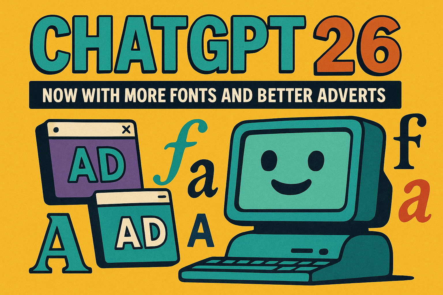 A satirical AI generated image of an advert for ChatGPT 26, proclaiming "now with more fonts and better adverts". The style is cartoonish and evokes childishness.